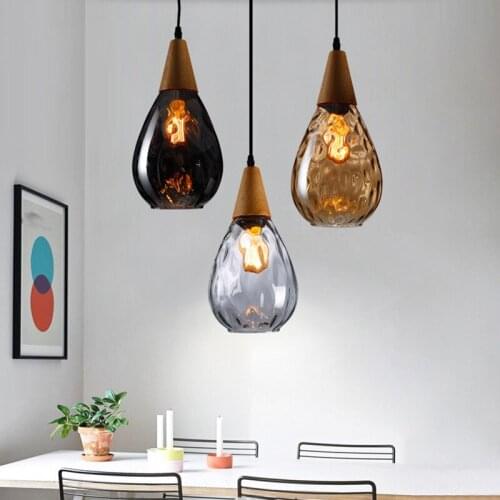 Modern LED Pendant Light Water Drop Glass Wood Loft Industrial Pendant Lamp for Kitchen Island Cafe Bar Dining Room Home Decor