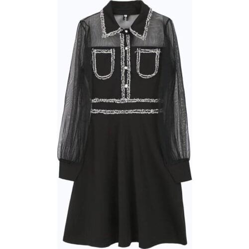 PERHAPS U Women White Black Mesh Patchwork Turn Down Collar Button Long Sleeve Empire A Line Elegant Mini Dress Female D2401