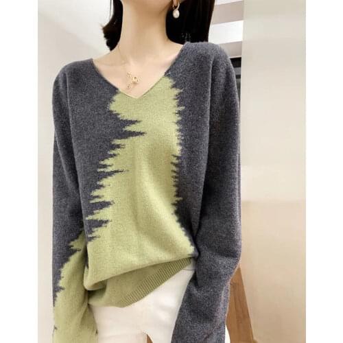 Color-blocking V-neck Sweater Women Loose 2021 Spring New Fashion Outer Wear Long-sleeved Top Pullover Base Sweater
