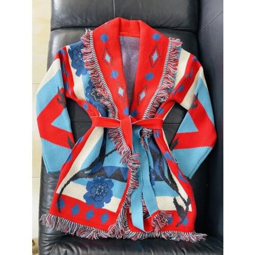 2021 Autumn High Quality Women Flower Jacquard Tasseel Loose Wool Coat Ladies Casual Knitted Cardigans Sweater 2 Color