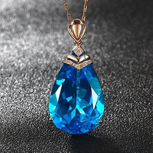 2020 New Wholesale Luxury Blue Water Drop Zircon Necklace For Women Trendy Rose Gold Chain Female Jewelry Engagement Party Gifts