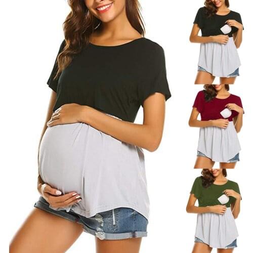 #42 Summer Maternity Clothes Women O-neck Patchwork Short Sleeve Casual T-shirt Pregnant Blouse Tops Haut Allaitement Femme