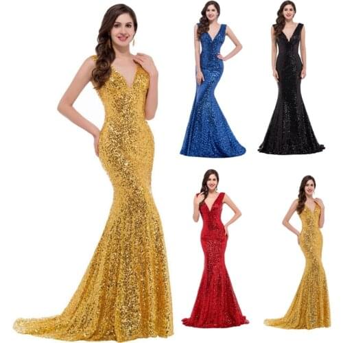 Shining Sequined Mermaid Evening Dresses V-Neck Gold Formal Party Gowns Lace Up Back Robe De Soiree