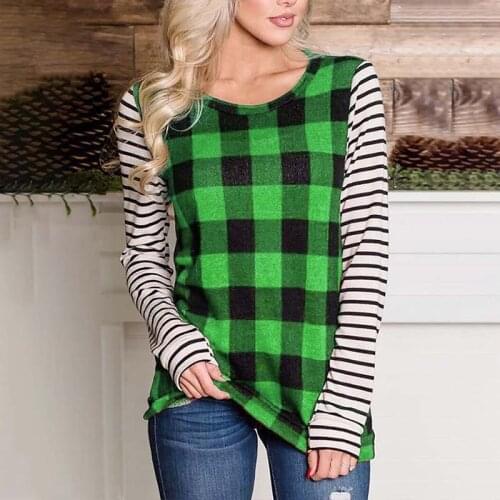 Summer Plaid Print Contrast Color Long Sleeve T-shirt Womens Clothes Fashion O Neck Loose Lady Tops Casual Streetwear Tee Shirt