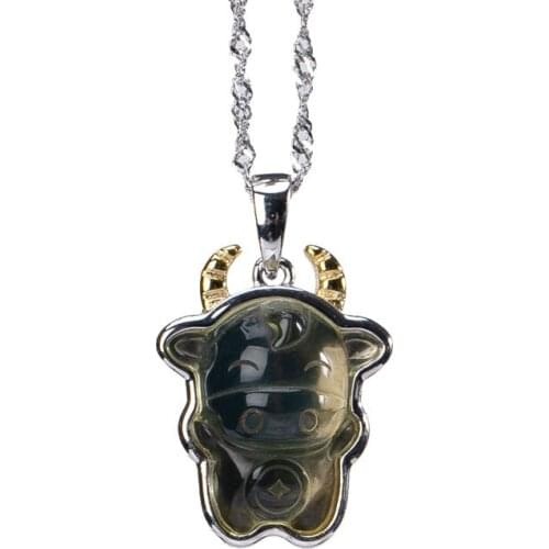 S925 sterling silver Natural Mexican blue amber Pendant National tide Cute cow Birth year Chinese zodiac cow Chain set Necklace
