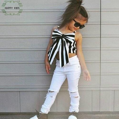 2021 Fashion Girls Suit stripe Tops + pants 2 Pieces The Strapless Set Kids Bowknot Hole white pants girls clothing set Cute