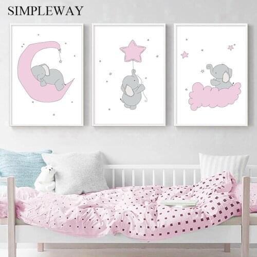 Cartoon Elephant Canvas Poster Nursery Pink Wall Art Print Animal Painting Nordic Kid Decoration Picture Baby Girl Bedroom Decor