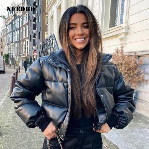 NEEDBO Winter Thick Warm Short Parkas Women Fashion Black PU Leather Coats Women Elegant Zipper Cotton Jackets Female Ladies