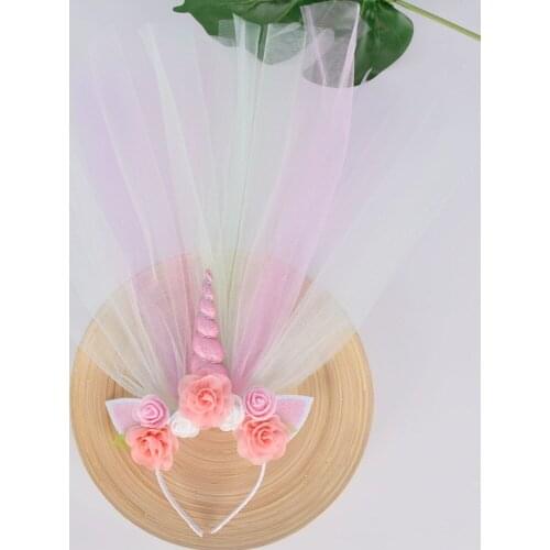 New Girl Flower Unicorn Headband Long Tulle Baby Girls Unicorn Birthday Party Hair Accessories Kids Birthday Favor Photo Props