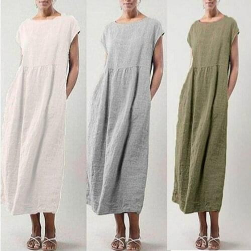 New Arrival Women Dress Solid Color Cotton Linen Sleevleess Long Casual Sundress DSA