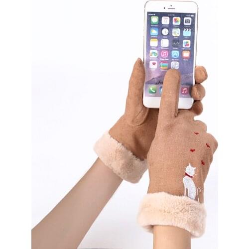 Winter Female Plush Wrist Warm Cashmere Cute Kitten Heart Full Finger Mittens Women Flexibility Touch Screen Driving Gloves 81D