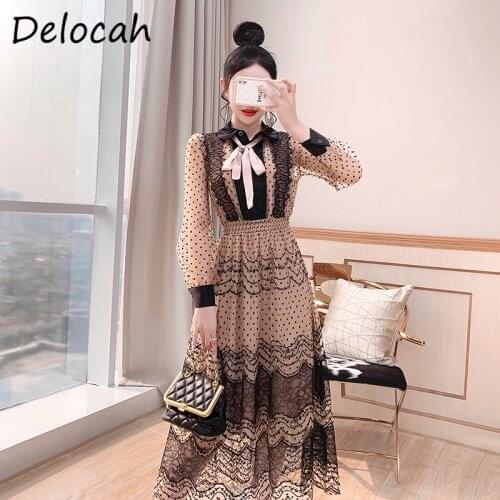Delocah New 2021 Summer Women Fashion Designer Party Long Dress Lantern Sleeve Lace Embroidery Dot Printed Ladies A-Line Dresses