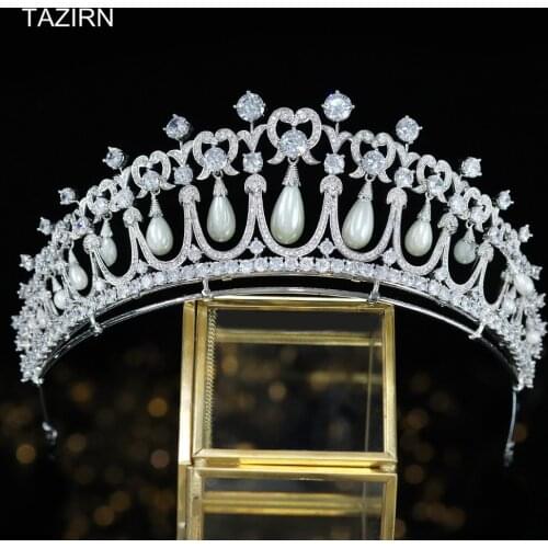 Luxury Cubic Zirconia Royal Princess Diana Pearl Wedding Bridal Tiaras and Crowns CZ Pageant Headpieces Zircon Hair Jewelry