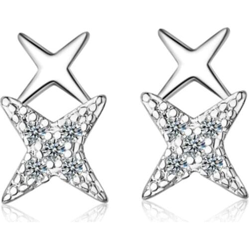 Cold wind four-pointed star sweet super fairy crystal cute fashion small fresh silver plated stud earrings WE022