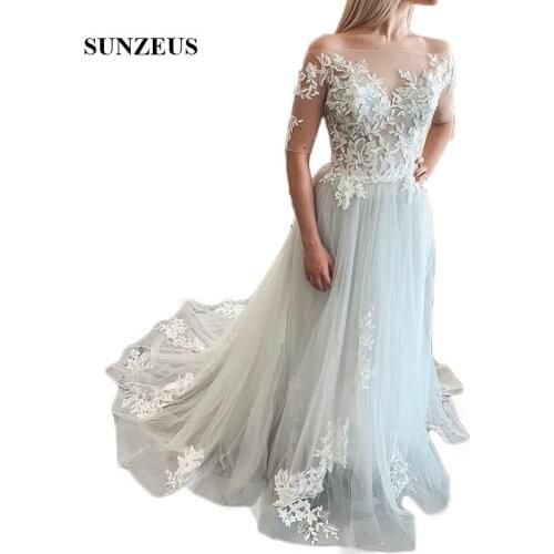 Boat Neck Off the Shoulder Evening Dresses 2019 Half Sleeve Light Grey Tulle Evening Gowns Appliques Elegant Prom Gowns SE19