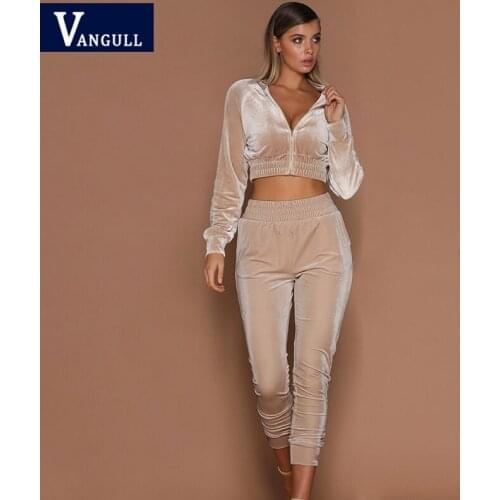 Vangull Velvet Two Piece Set Women Autumn New Slim Short Tops Long Sleeve Elastic Waist Suits Casual Fashion Ladies Tracksuits