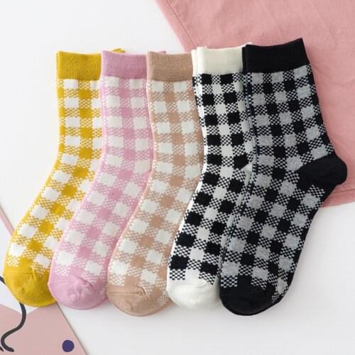 Women Plaid Dress Socks Cute Cotton Aesthetics Casual Fashion Vintage Colorful Geometric Knit Soft Gift Crew Sock Streetwear Sox