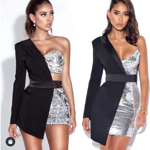 High Quality Red Patchwork Sequined Bodycon Bandage Dress Women Sexy One Shoulder Long Sleeve Night Club Party Dresses