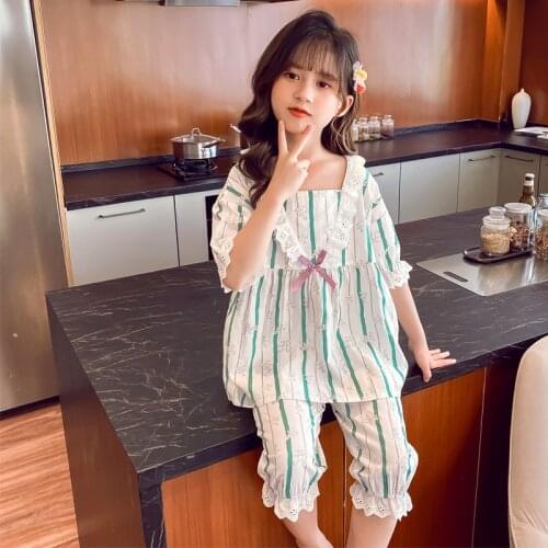 2 Piece/set Cotton Pajams For Girls Summer Short Sleeve Soft Sleepwear 3 5 7 9 11 Years Old Children Leisure Home Clothes