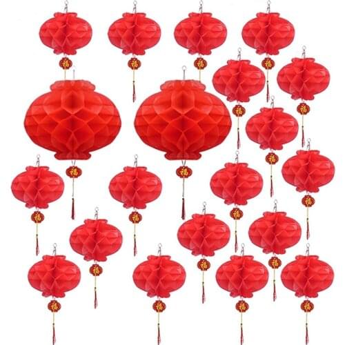 20Pcs Red Honeycomb Lantern Fu Character Tassel Waterproof Paper New Year Spring Festival Lantern Decoration 27Cm, 42Cm-ABUX