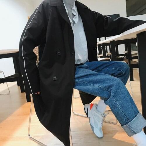 2021 Autumn Korean Style Mens Fashion Lapel Double-breasted Windbreaker Loose Casual Overcoats Trench Long Green Coat M-2XL