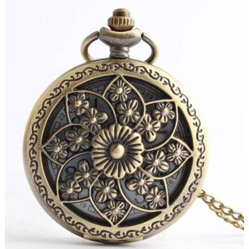 50pcs/lot Retro Bronze Hollowed Windmill Flower Quartz Pocket Watches Flip Pendant Gift Watches Wholesale