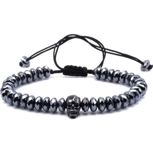 Brading Macrame Rhombus Cut Hematite Beads Bracelets Zircons Skull European American Weaving Mens Bracelets Punk Hiphop Jewelry