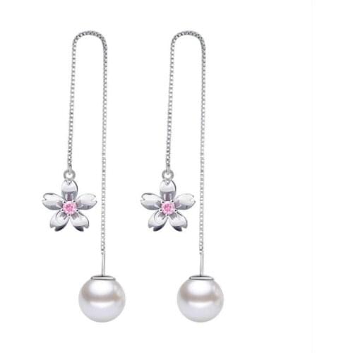 KOFSAC New Fashion Silver 925 Earrings For Women Wedding Party Shiny Crystal Flower Pearl Earring Ear line Jewelry Girl Gifts