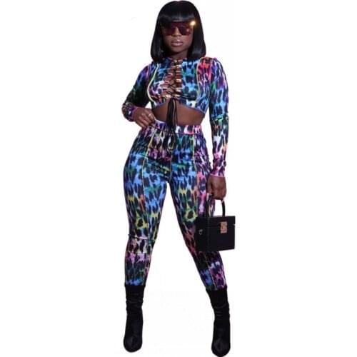 Two Piece Set For Women Sexy Hollow Out Bandage Leopard Print Suit Long Sleeve Crop Top Clubwear Sporty Jogger Pant Outfits