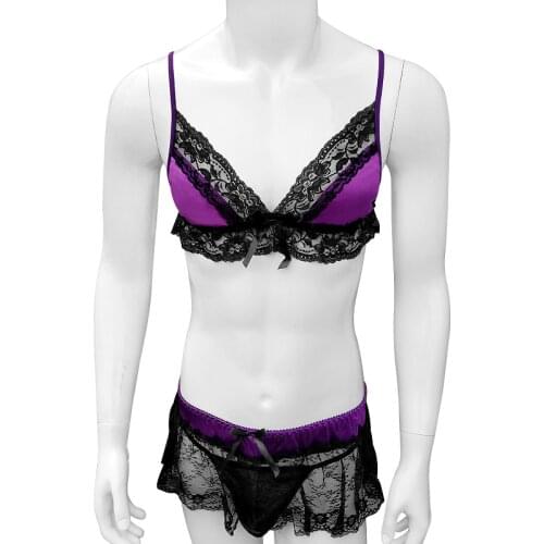 Mens Lingerie Bra Set Ruffles Lace Mini Dress With Thong Sissy Panties Nightwear See Through Sexy Babydoll Sleepwear