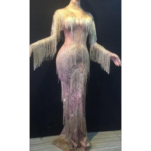 Crystals Tassels Sleeve Stretch Long Dress Sexy Singer Host Stage Wear Celebration Performance Costume Nightclub Fringes Dress 6