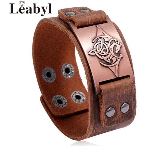 Leabyl Classic New Flying Dragon Rivet Punk Men Bracelet Casual Jewelry Brown Cow Leather Strap Adjustable Vintage Bracelet