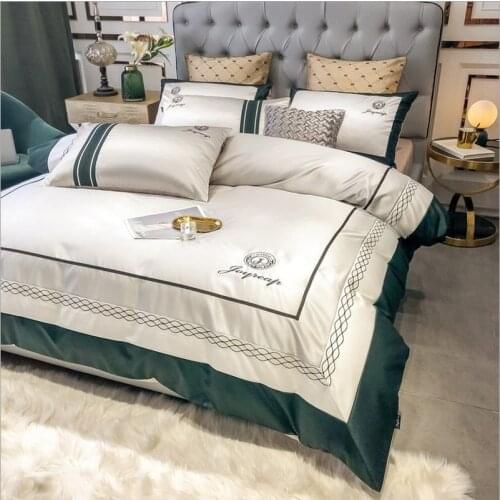 New Luxury geometric 60S Satin Silk Cotton Royal Gold Embroidery Bedding Set Duvet Cover Flat Sheet Pillowcases Home Textiles