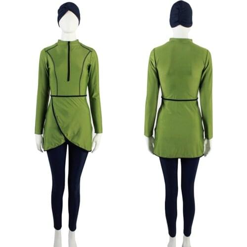 New Muslim Swimsuit Solid Color Conservative Swimwear Three Piece Bathing Set Swimming Suit for Women Long Sleeve Beachwear Girl