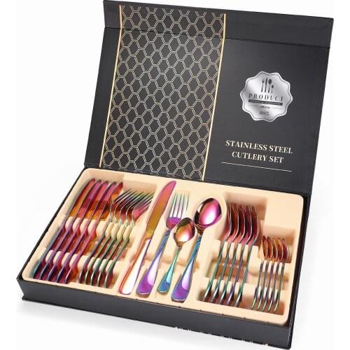 Full Tableware Set Stainless Steel Cutlery Set 24 Piece with Box Fork Spoons Knives Cutlery Rainbow Dinnerware Set Dropshipping