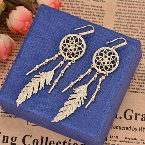 Exaggerated Zircon Luxury Designr Earrings Feather India Tassel Long Vintage Ethnic Earrings Party Zk30