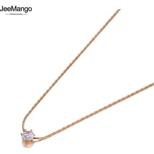 JeeMango Simple Design Rose Gold CZ Crystal Charm Pendant Necklaces For Women Girl Trendy Titanium Steel Office Necklace JN20173