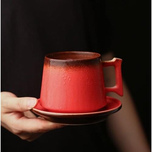 Handmade stoneware coffee mugs cup Japanese retro ceramic mug with saucer set household thickened anti-scalding tea cup 280ML
