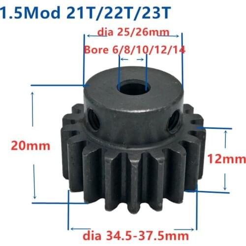 Spur Gear pinion 1.5M 21T 22T 23Teeth Mod 1.5 Width 12mm Bore 6-12mm Teeth 45# steel major gear cnc gear rack transmission RC