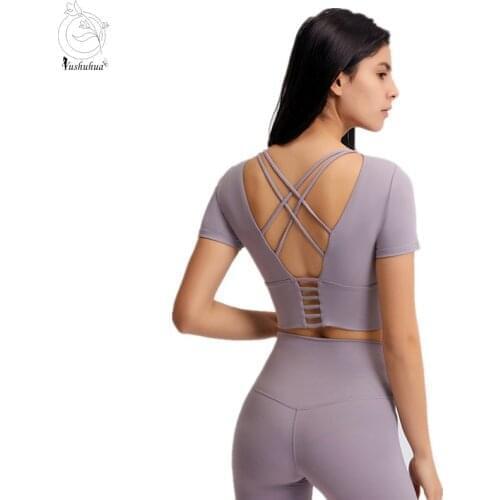 Yushuhua With Chest Padded Fitness Gym Yoga Crop Tops T-shirt Women Plain Cotton Feel Stretch Sport Workout Short-Sleeved Shirts