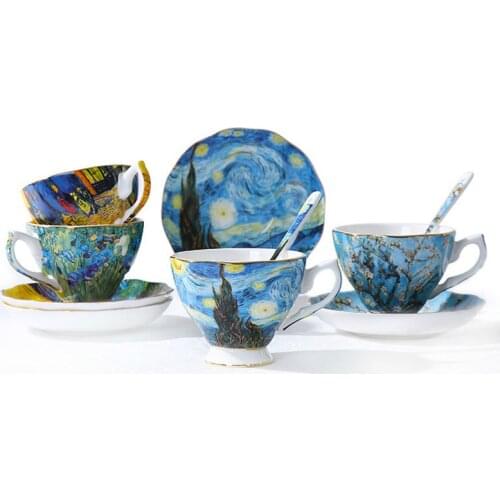 Top Grade Bone China Coffee Tea Mug Vincent Willem Van Gogh Post Impressionism Famous Painting The Starry Night Art Cup Dish Set