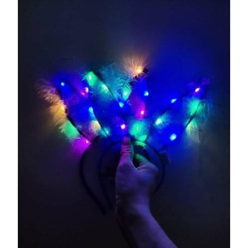 Factory light extended 14 lamp flashing feather ear hair band plush head band luminous new year christmas party toys wholesale
