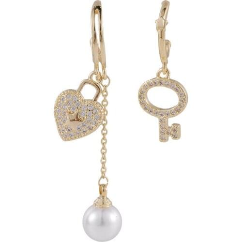 TIMEONLY CZ Zircon Heart and Key Drop Earrings for Women Female Gold Color Alloy Simulated Pearl Asymmetric Earrings Pendientes