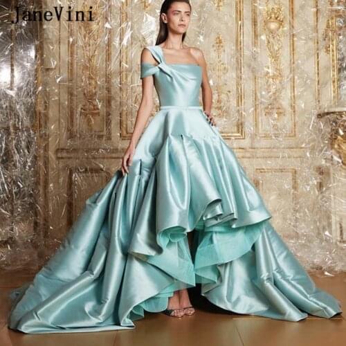JaneVini New Fashion Long Prom Dresses 2020 One Shoulder Sleeveless High Low Pleated Ruffled Skirt Satin Prom Dress Lange Jurken