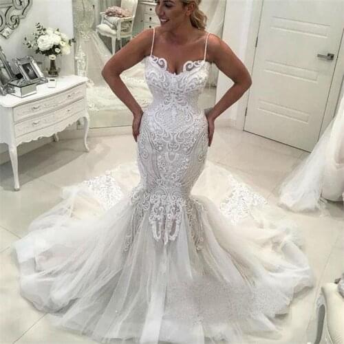 Plus Size Mermaid Wedding Dress Spaghetti Straps Lace Applique Tulle Sweep Train Bridal Gowns Vestido De Novia