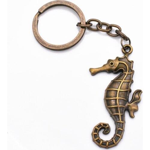 2pcs Fashion 30mm Key Ring Metal Key Chain Keychain Jewelry With Antique Bronze Plated Seahorse 58*31mm Pendant