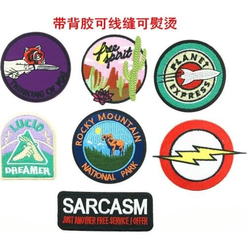 50pcs/lot New Cartoon Round Embroidery Patches Letter Cactus Park Animal Strange Things Iron Heat Transfer Sewing Accessories