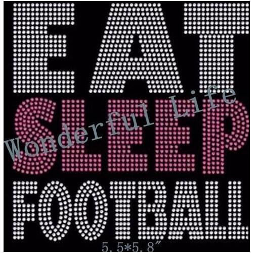 Free shipping eat sleep football hotfix rhinestone Iron On bling transfer design motif for kids light pink with white