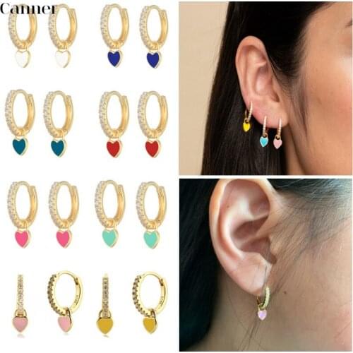 CANNER 925 Sterling Silver Hoop Earrings With Cute Candy Neon Color Enamel Heart Charm Drop Earring Gold Silver Color For Girls