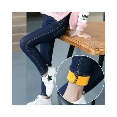 Girls Pants Autumn Winter Thick Velvet Warm Long Trousers Girls Leggings Skinny Stretch Jeans Denim Pencil Pants for 3-12 Years